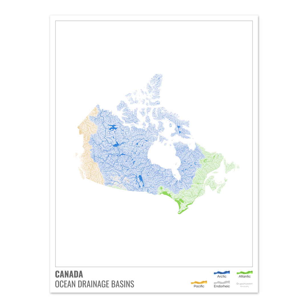 Canadá - Mapa de la cuenca hidrográfica del océano, blanco con leyenda v1 - Impresión fotográfica