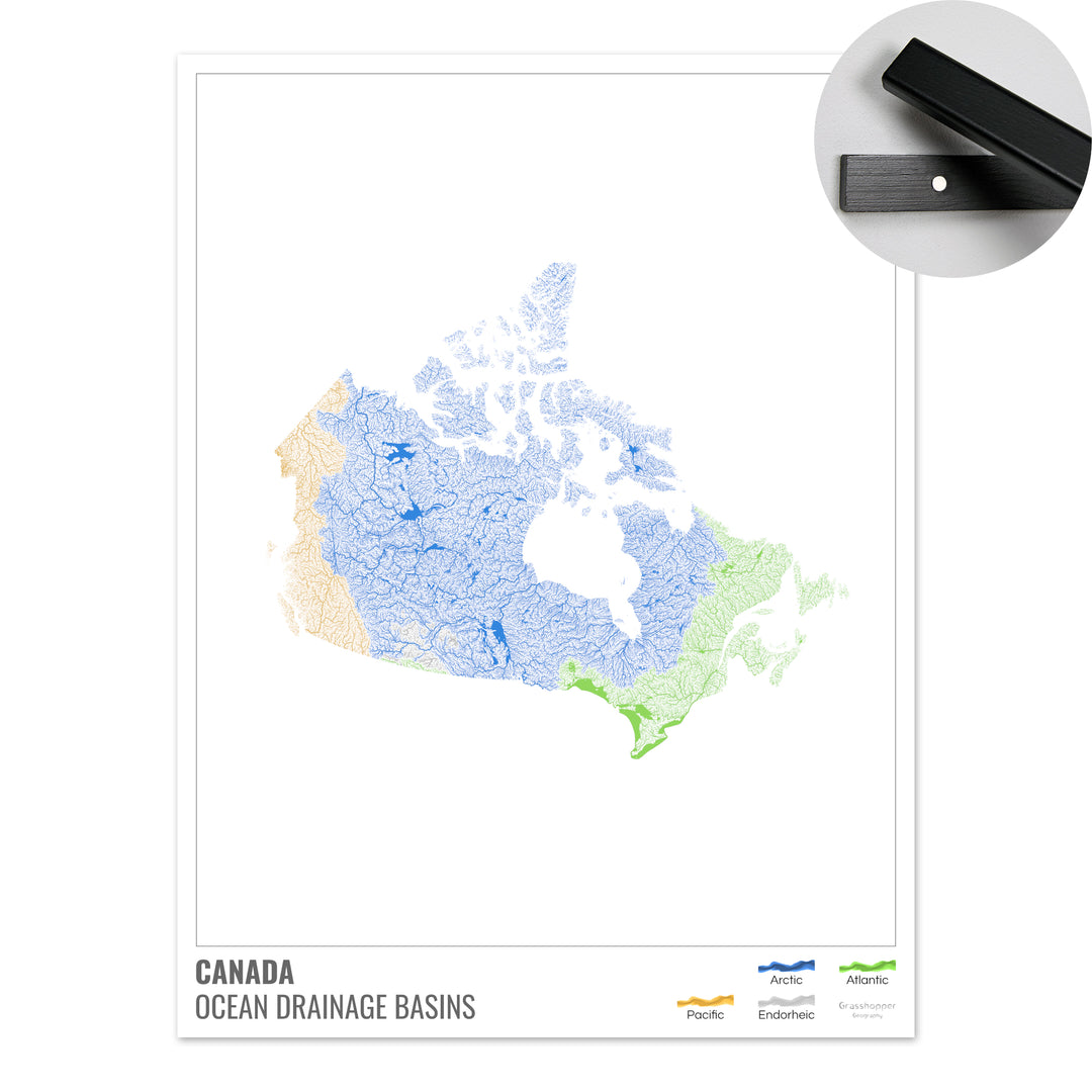 Canadá - Mapa de la cuenca hidrográfica del océano, blanco con leyenda v1 - Impresión artística con colgador