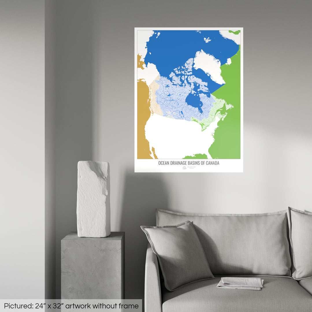 Canadá - Mapa de la cuenca hidrográfica del océano, blanco v2 - Impresión de bellas artes
