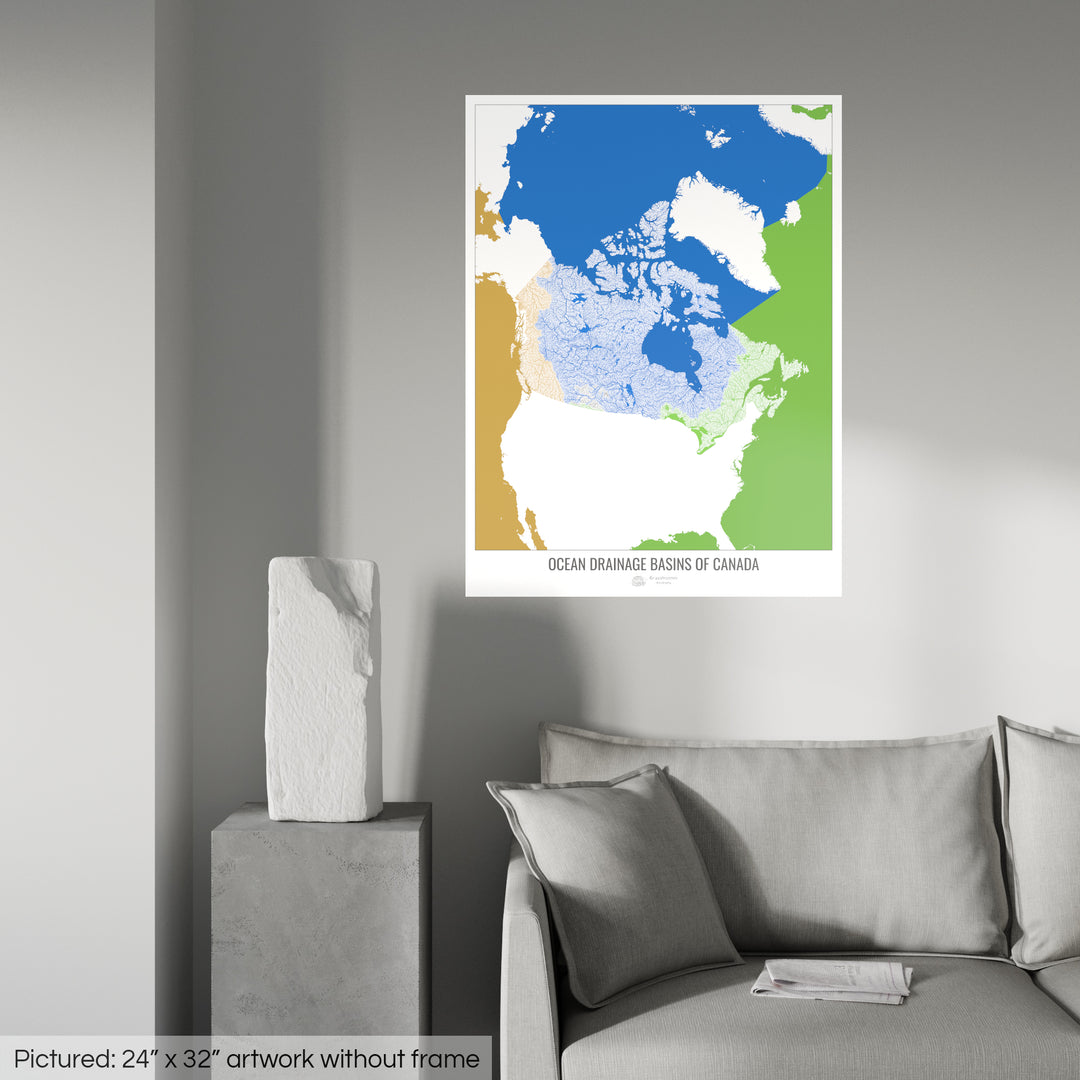 Canada - Carte des bassins hydrographiques océaniques, blanc v2 - Tirage d'art