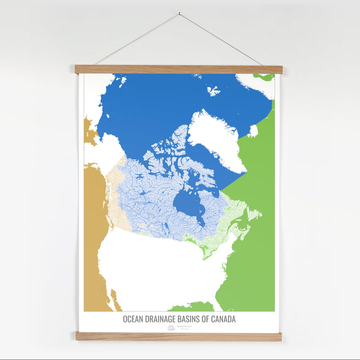 Canadá - Mapa de la cuenca hidrográfica del océano, blanco v2 - Impresión artística con colgador