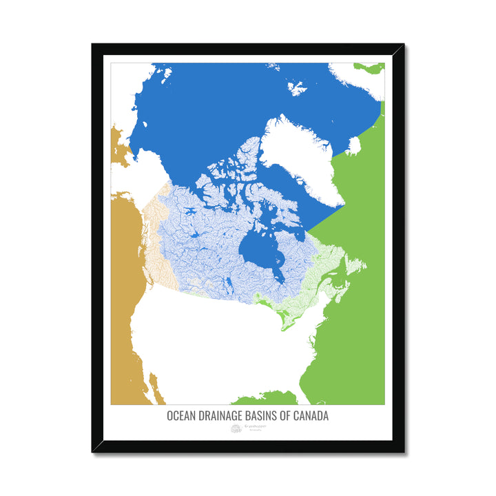 Canada - Carte des bassins hydrographiques océaniques, blanc v2 - Impression encadrée