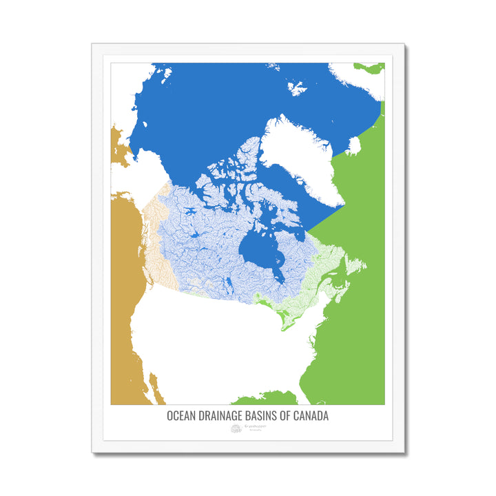Canada - Carte des bassins hydrographiques océaniques, blanc v2 - Impression encadrée