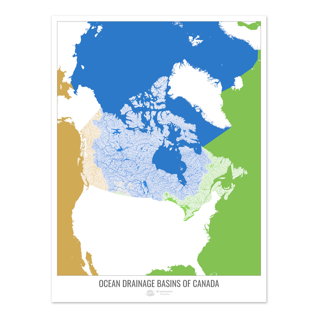 Canada - Carte des bassins hydrographiques océaniques, blanc v2 - Tirage d'art