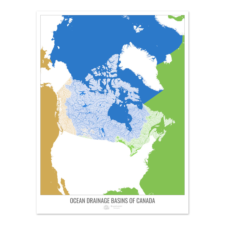 Canadá - Mapa de la cuenca hidrográfica del océano, blanco v2 - Impresión de bellas artes