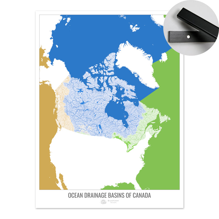 Canadá - Mapa de la cuenca hidrográfica del océano, blanco v2 - Impresión artística con colgador