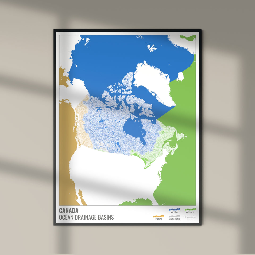 Canadá - Mapa de la cuenca hidrográfica del océano, blanco con leyenda v2 - Impresión fotográfica