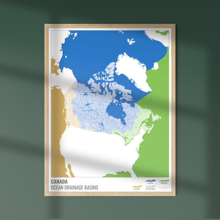 Canadá - Mapa de la cuenca hidrográfica del océano, blanco con leyenda v2 - Impresión de bellas artes