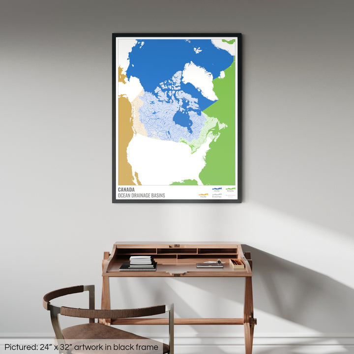 Canadá - Mapa de la cuenca hidrográfica del océano, blanco con leyenda v2 - Lámina enmarcada