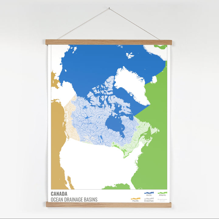Canada - Carte des bassins hydrographiques océaniques, blanche avec légende v2 - Tirage d'art avec cintre