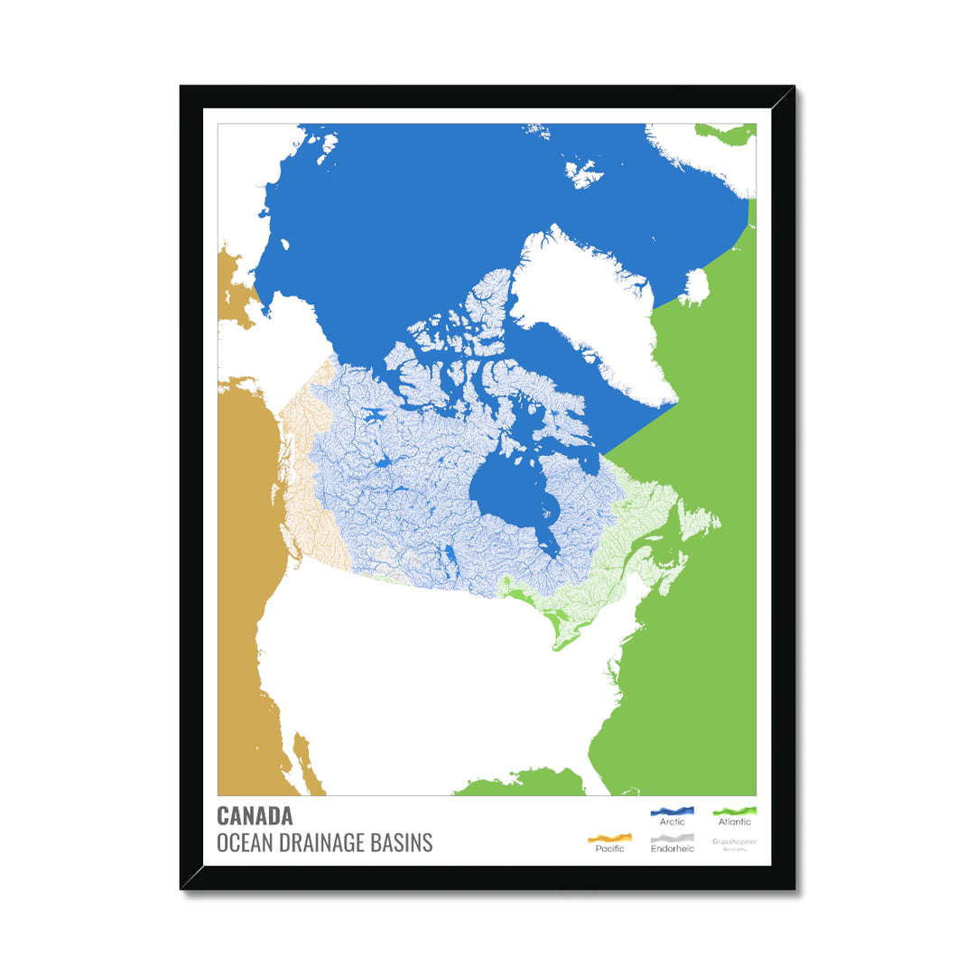 Canadá - Mapa de la cuenca hidrográfica del océano, blanco con leyenda v2 - Lámina enmarcada