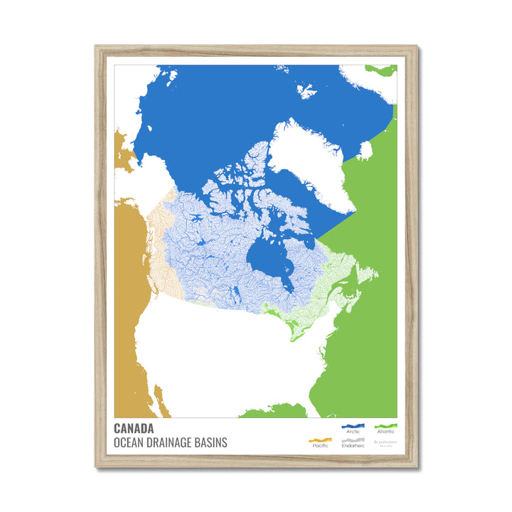 Canadá - Mapa de la cuenca hidrográfica del océano, blanco con leyenda v2 - Lámina enmarcada