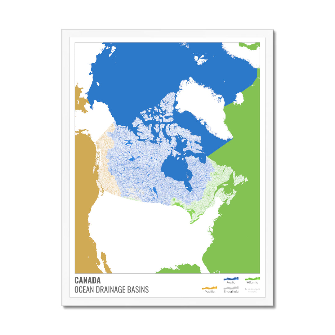 Canadá - Mapa de la cuenca hidrográfica del océano, blanco con leyenda v2 - Lámina enmarcada