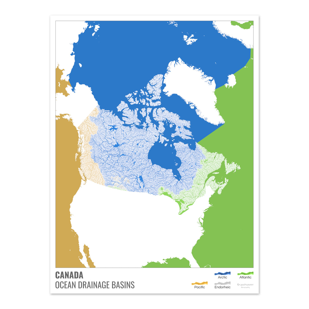 Canadá - Mapa de la cuenca hidrográfica del océano, blanco con leyenda v2 - Impresión de bellas artes