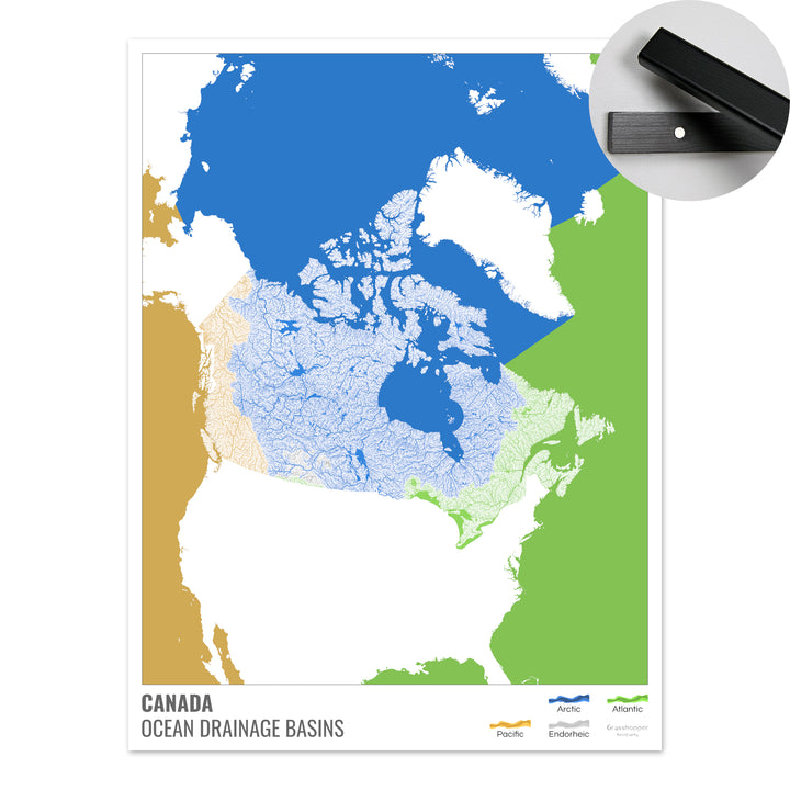 Canadá - Mapa de la cuenca hidrográfica del océano, blanco con leyenda v2 - Impresión artística con colgador