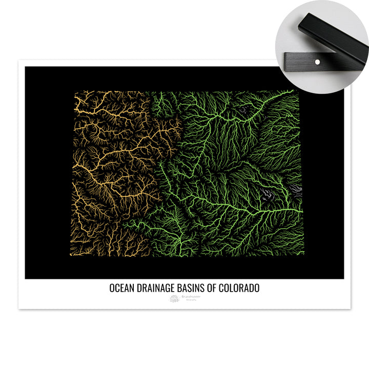 Colorado - Mapa de la cuenca hidrográfica del océano, negro v1 - Impresión artística con colgador