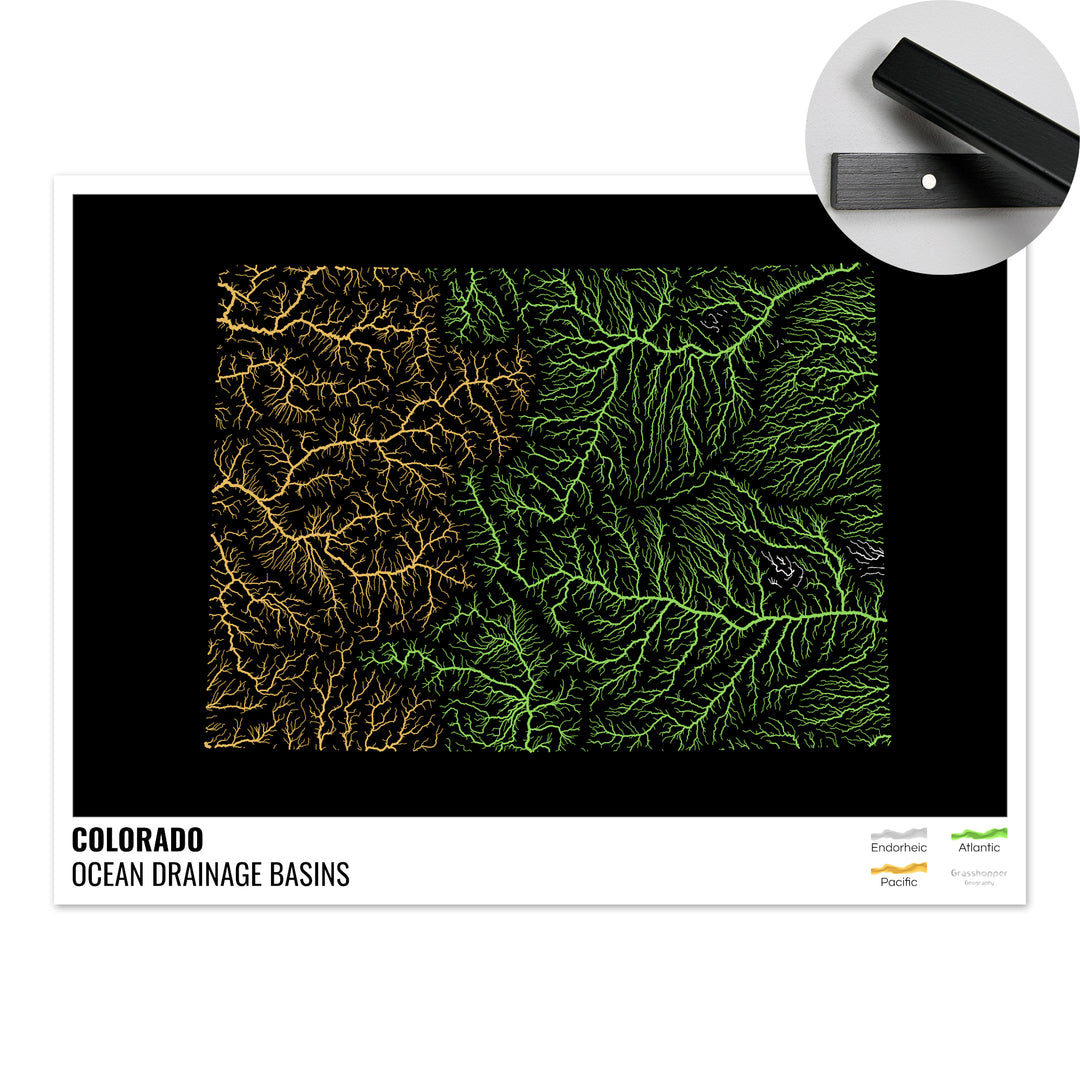 Colorado - Mapa da bacia de drenagem oceânica, preto com legenda v1 - Impressão de belas artes com cabide