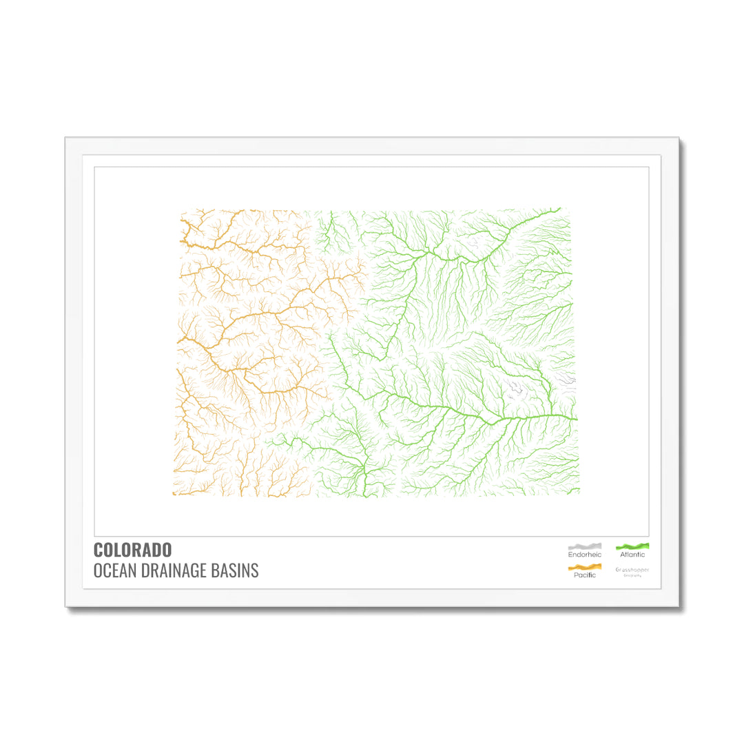Colorado - Ocean drainage basin map, white with legend v1 - Framed Print