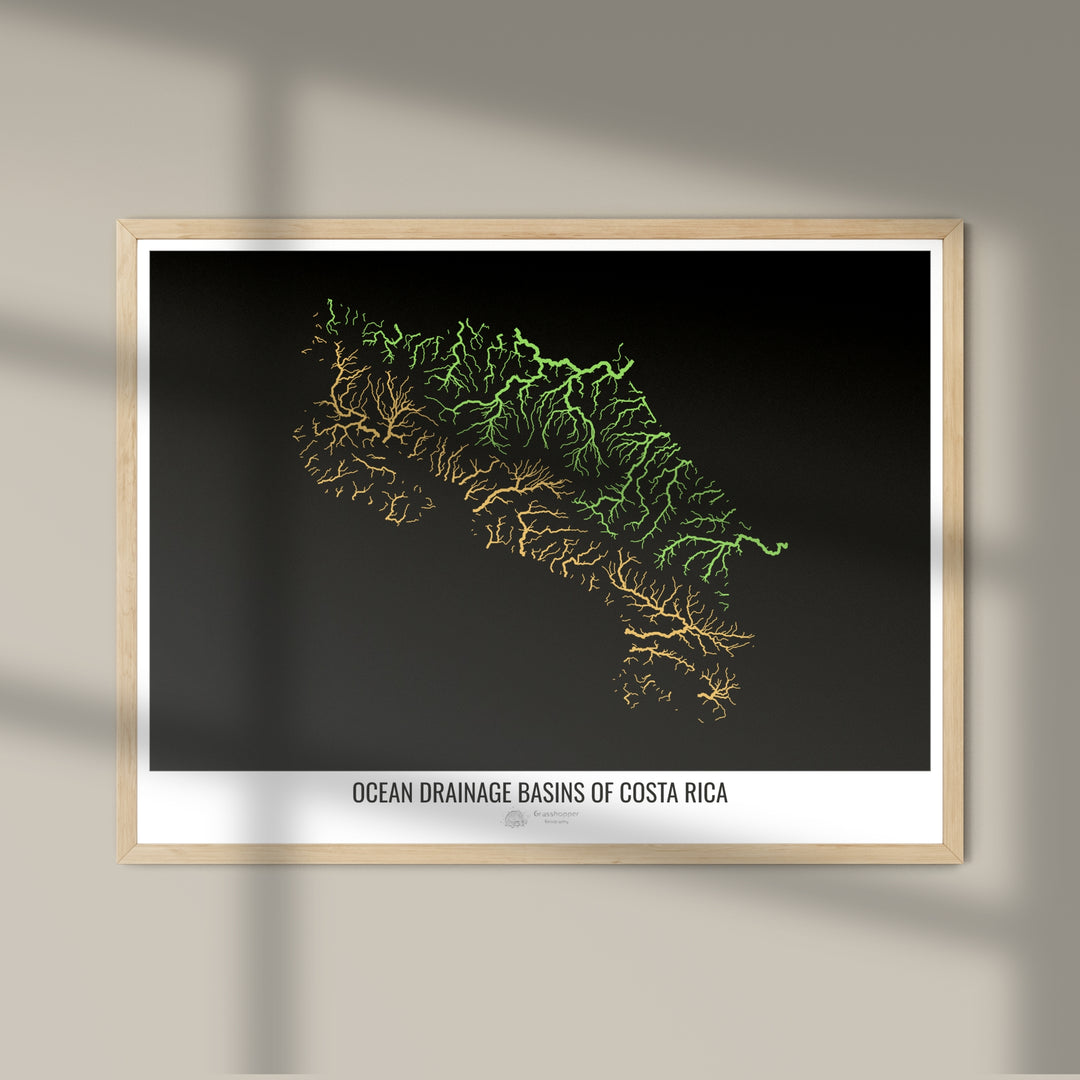 Costa Rica - Karte des Einzugsgebiets des Ozeans, schwarz v1 - Fotokunstdruck