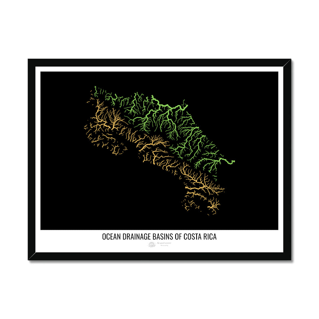 Costa Rica - Ocean drainage basin map, black v1 - Framed Print