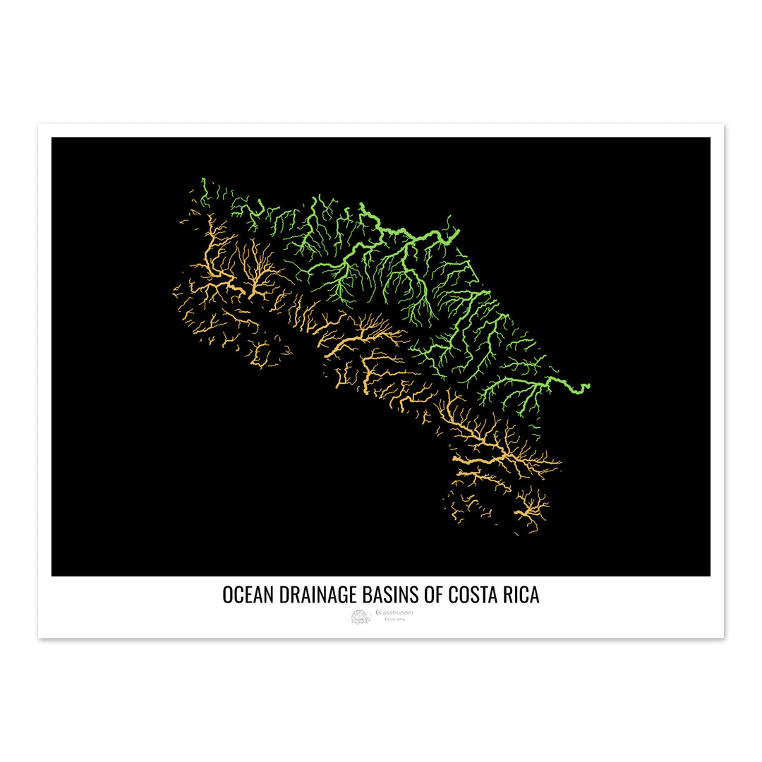 Costa Rica - Mapa de la cuenca hidrográfica del océano, negro v1 - Impresión de Bellas Artes