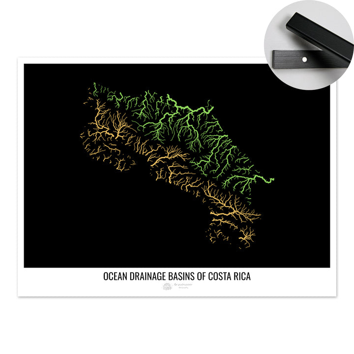 Costa Rica - Mapa de la cuenca hidrográfica del océano, negro v1 - Impresión artística con colgador