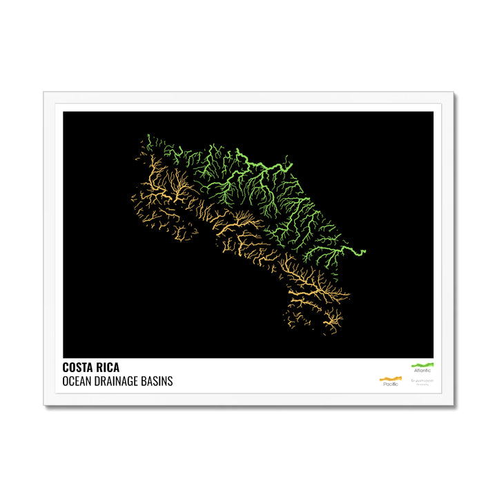 Costa Rica - Ocean drainage basin map, black with legend v1 - Framed Print