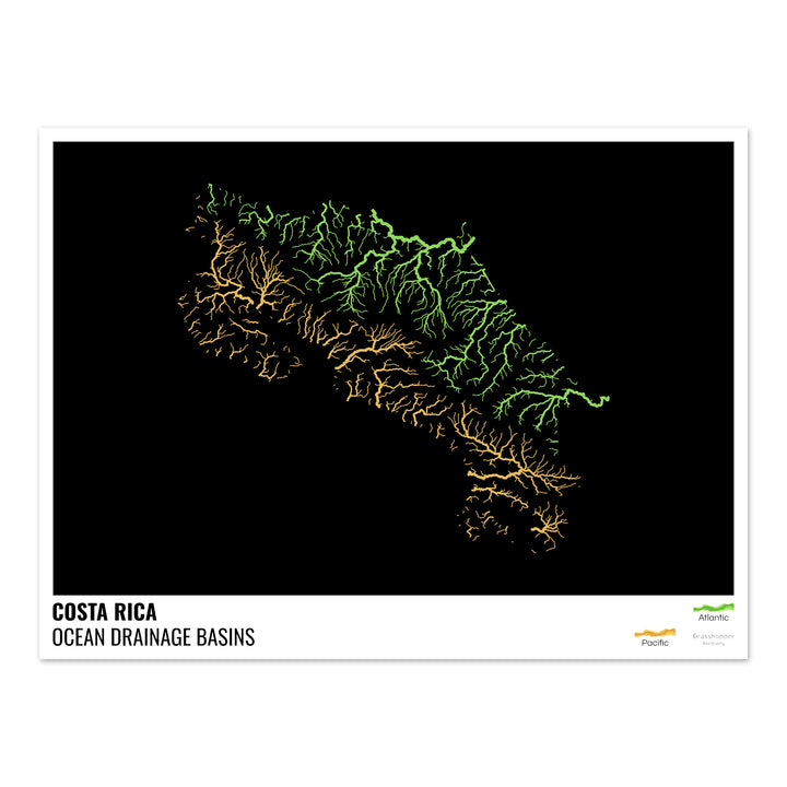 Costa Rica - Carte des bassins hydrographiques océaniques, noire avec légende v1 - Fine Art Print