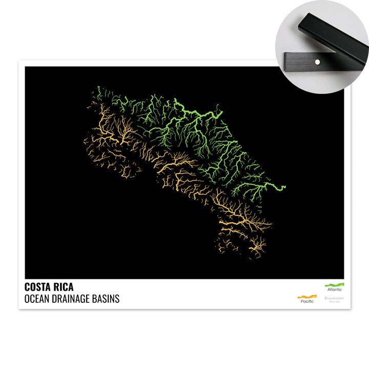 Costa Rica - Mapa de la cuenca hidrográfica del océano, negro con leyenda v1 - Impresión artística con colgador