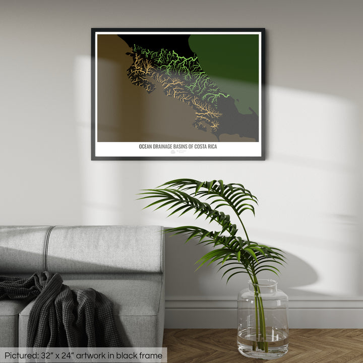 Costa Rica - Ocean drainage basin map, black v2 - Framed Print