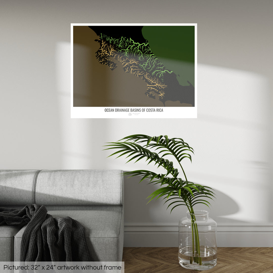 Costa Rica - Ocean drainage basin map, black v2 - Photo Art Print