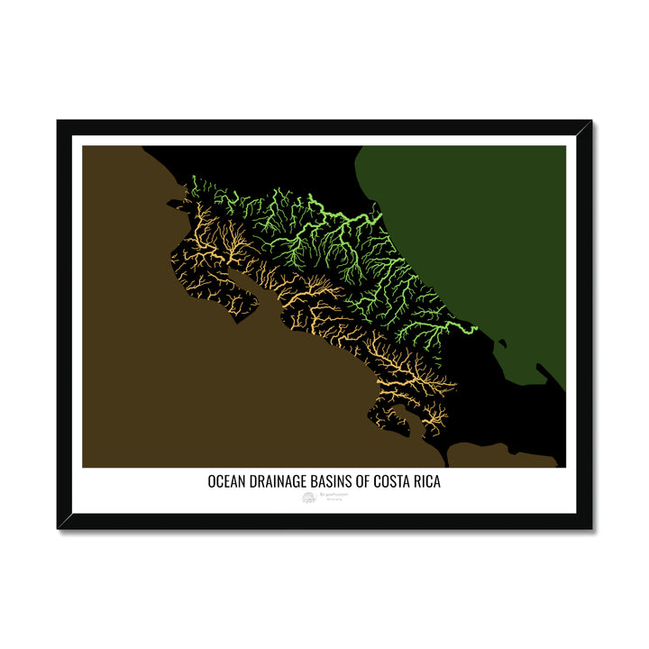 Costa Rica - Mapa de la cuenca hidrográfica del océano, negro v2 - Lámina enmarcada