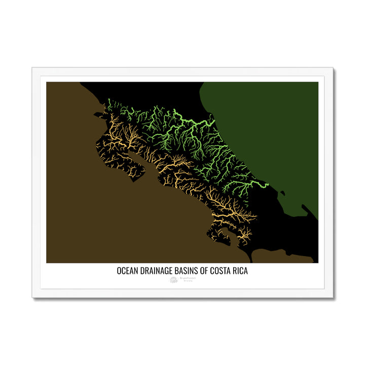 Costa Rica - Mapa de la cuenca hidrográfica del océano, negro v2 - Lámina enmarcada