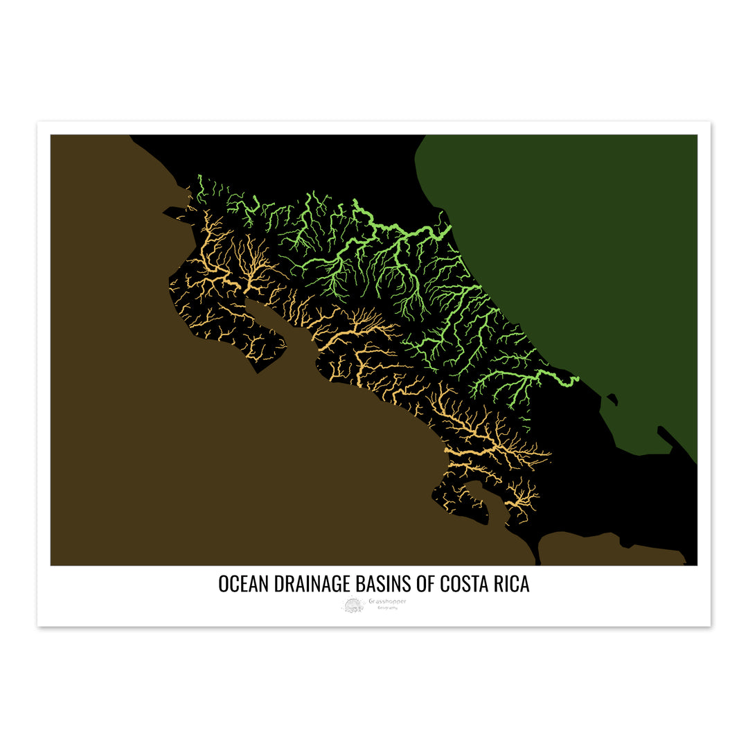 Costa Rica - Ocean drainage basin map, black v2 - Fine Art Print