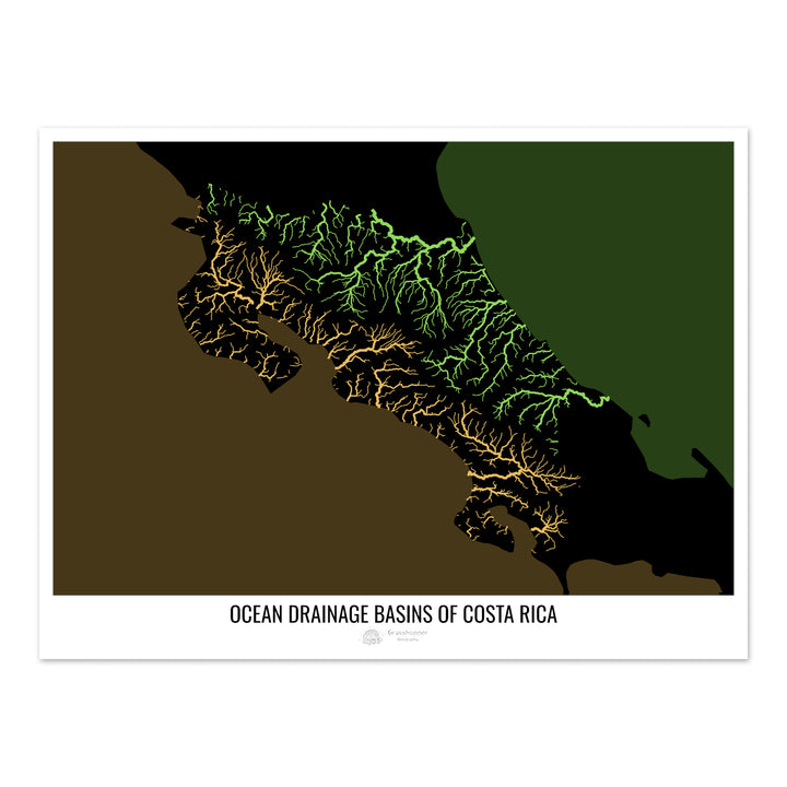 Costa Rica - Mapa de la cuenca hidrográfica del océano, negro v2 - Impresión fotográfica