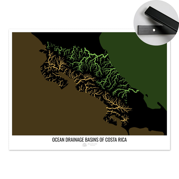 Costa Rica - Mapa de la cuenca hidrográfica del océano, negro v2 - Impresión artística con colgador