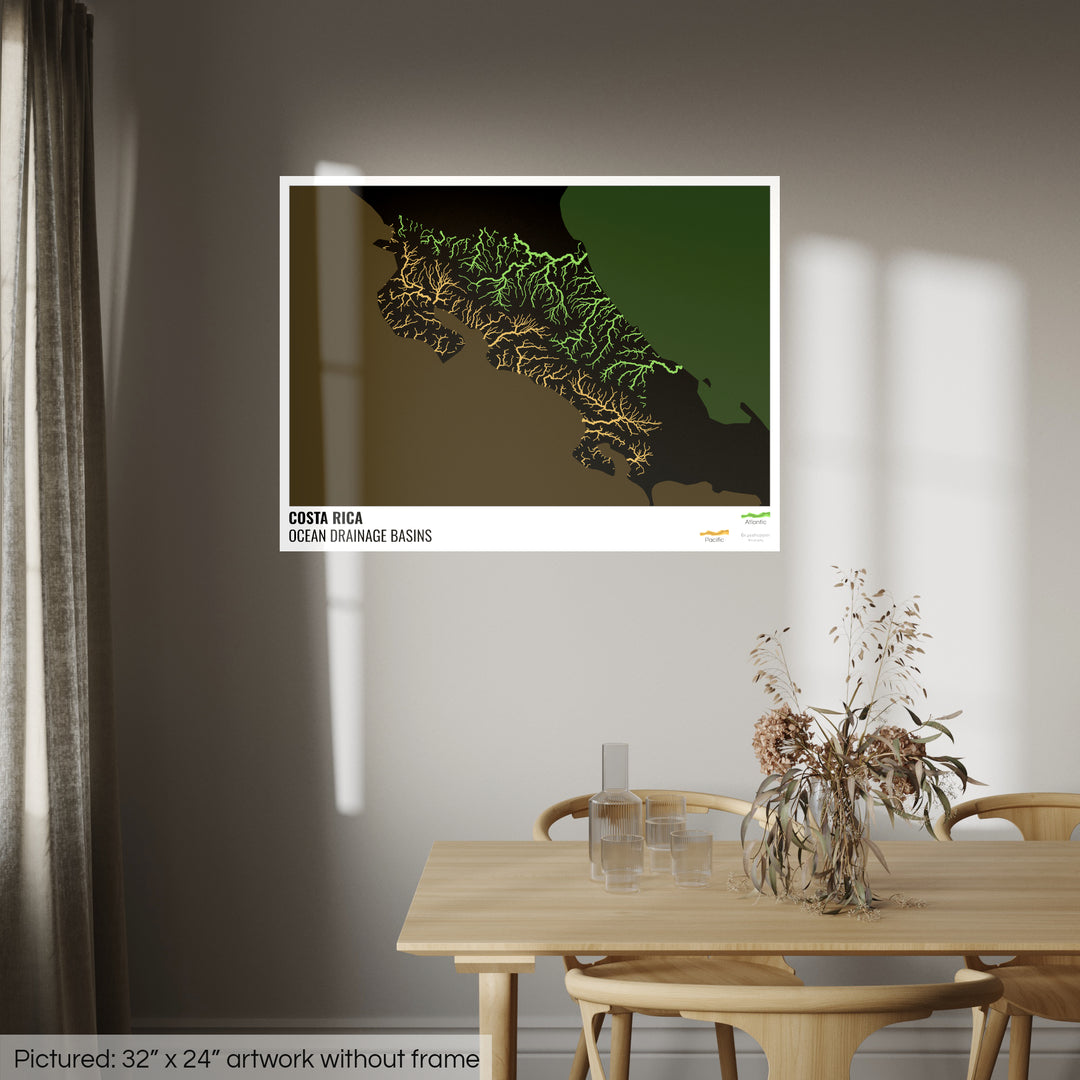 Costa Rica - Ocean drainage basin map, black with legend v2 - Photo Art Print