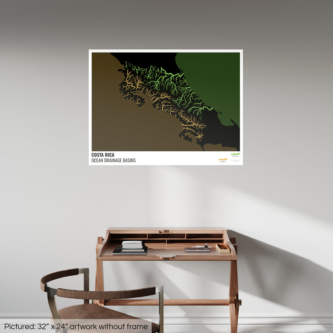 Costa Rica - Ocean drainage basin map, black with legend v2 - Fine Art Print