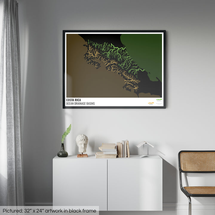 Costa Rica - Mapa da bacia de drenagem oceânica, preto com legenda v2 - Impressão emoldurada