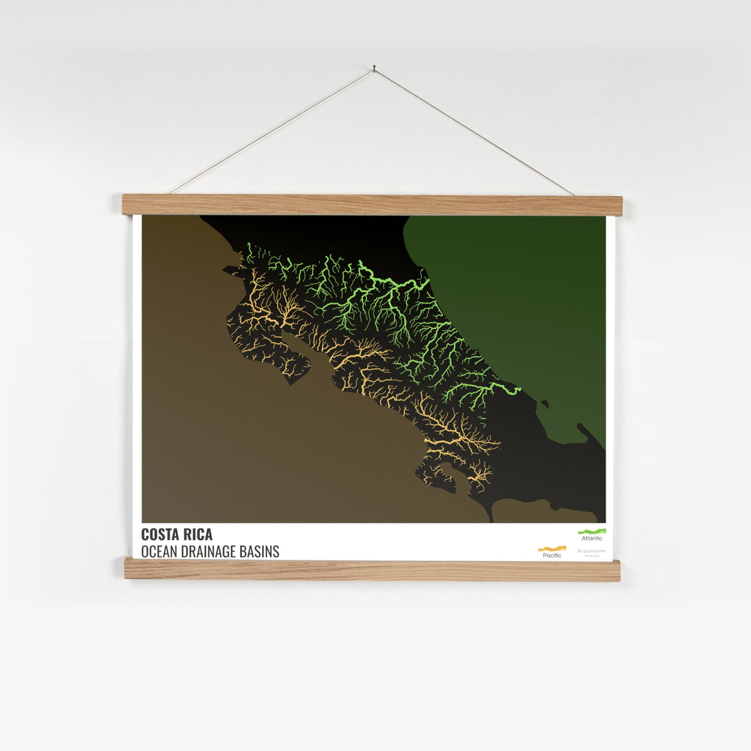 Costa Rica - Ocean drainage basin map, black with legend v2 - Fine Art Print with Hanger