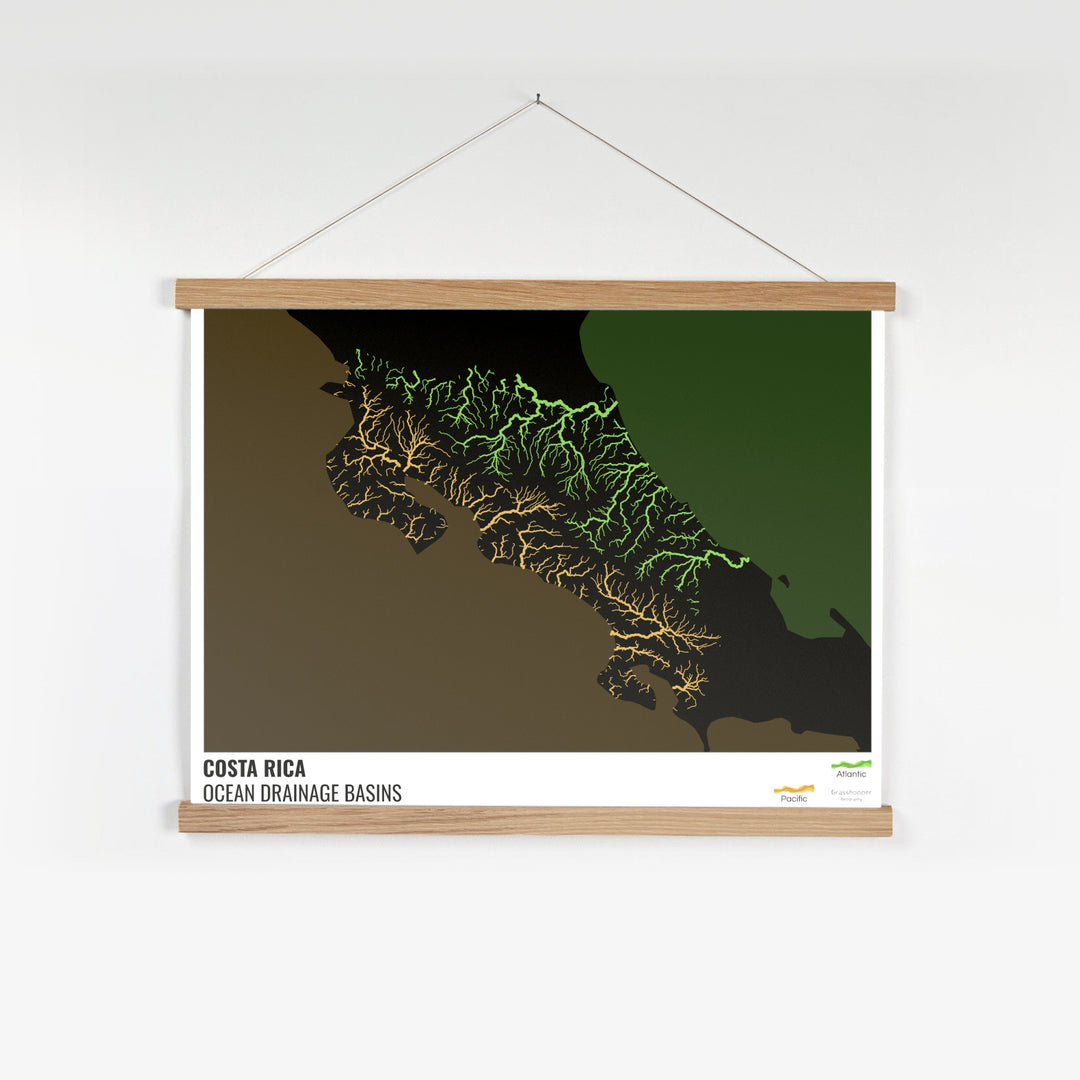Costa Rica - Mapa da bacia de drenagem oceânica, preto com legenda v2 - Impressão de belas artes com cabide