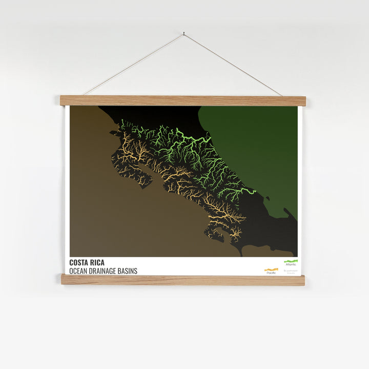 Costa Rica - Mapa da bacia de drenagem oceânica, preto com legenda v2 - Impressão de belas artes com cabide