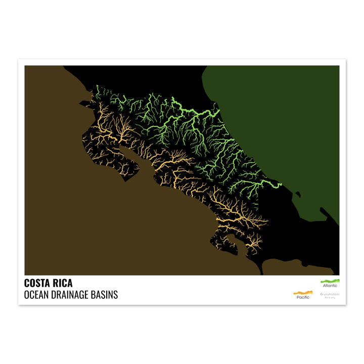 Costa Rica - Mapa de la cuenca hidrográfica del océano, negro con leyenda v2 - Impresión de Bellas Artes