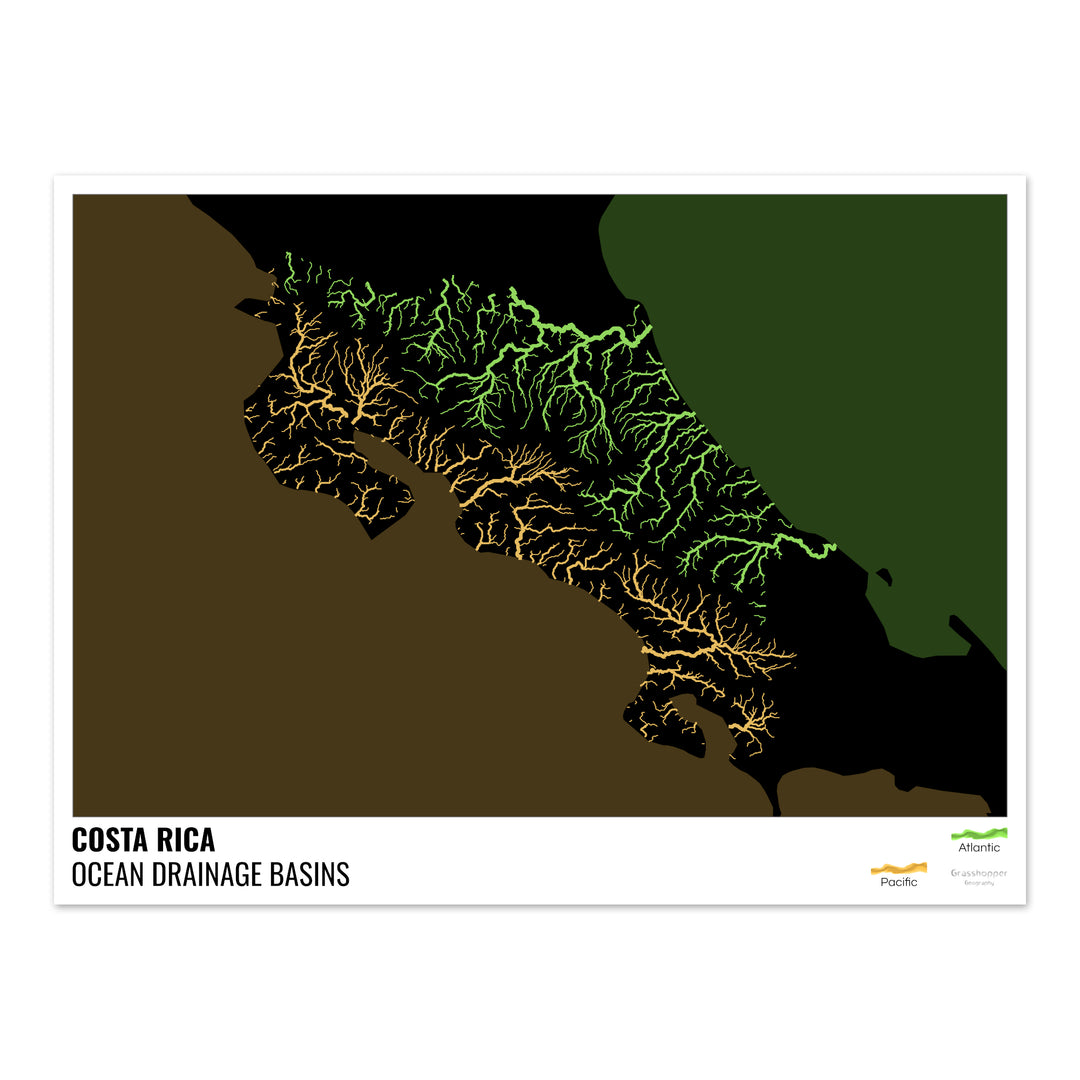 Costa Rica - Mapa de la cuenca hidrográfica del océano, negro con leyenda v2 - Impresión fotográfica