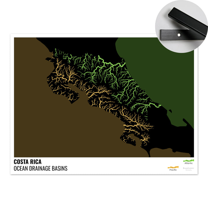 Costa Rica - Carte des bassins hydrographiques océaniques, noire avec légende v2 - Tirage d'art avec cintre