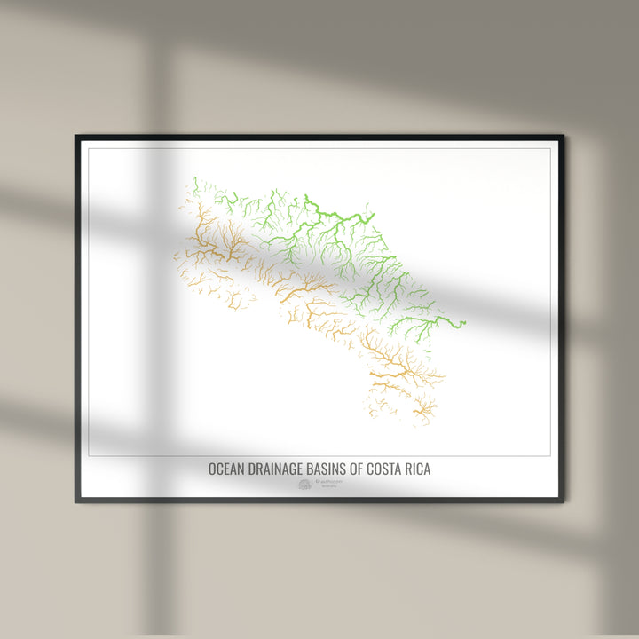 Costa Rica - Mapa de la cuenca hidrográfica del océano, blanco v1 - Impresión fotográfica