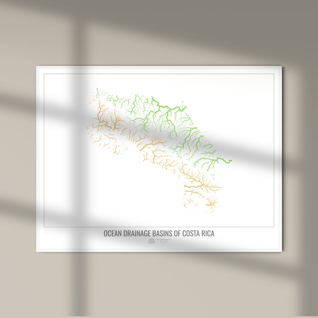 Costa Rica - Mapa da bacia de drenagem oceânica, branco v1 - Impressão de belas artes