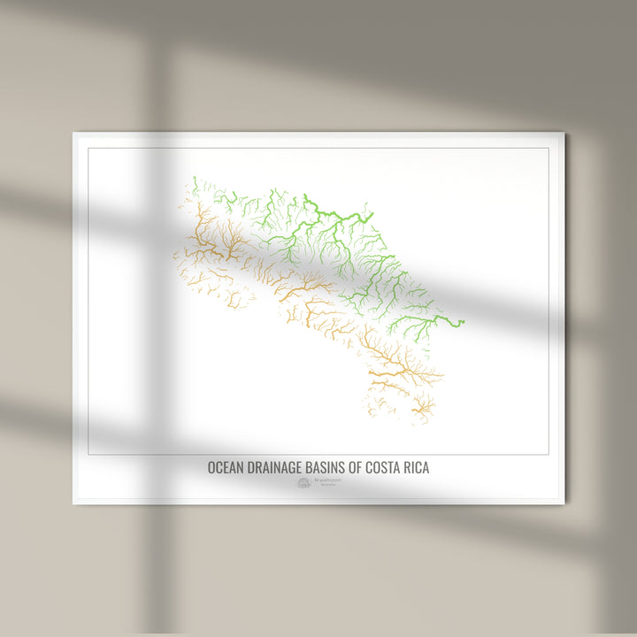 Costa Rica - Mapa da bacia de drenagem oceânica, branco v1 - Impressão de belas artes