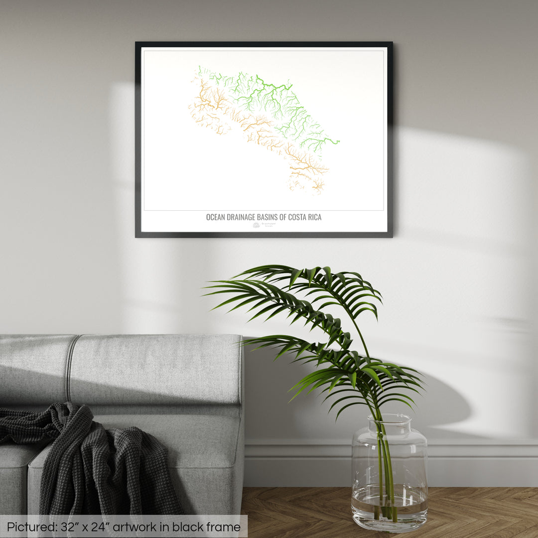 Costa Rica - Ocean drainage basin map, white v1 - Framed Print