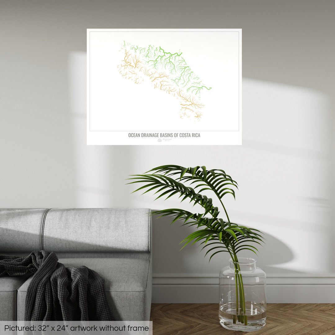 Costa Rica - Carte des bassins hydrographiques océaniques, blanc v1 - Fine Art Print